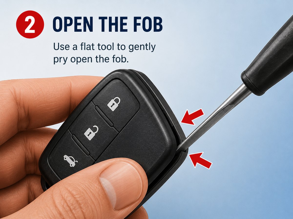 Prying a key fob open at the seam with a flat tool